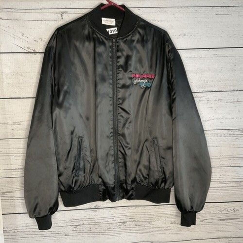 VTG Satins Black Polaris Embroidered Satin Full‎ Zip Bomber Jacket Men Size XL